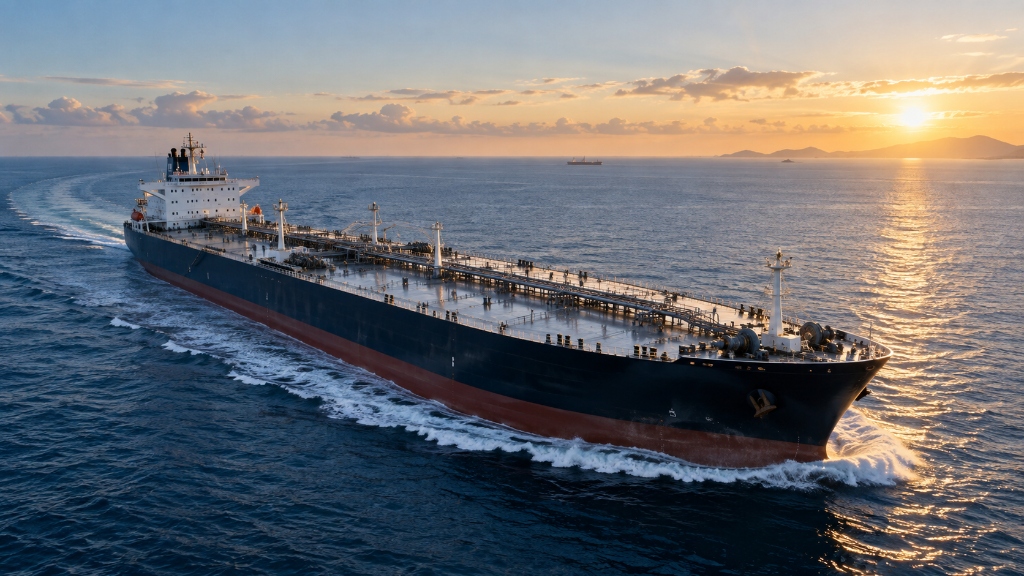 Ocean-going crude oil tanker navigating international maritime shipping lanes